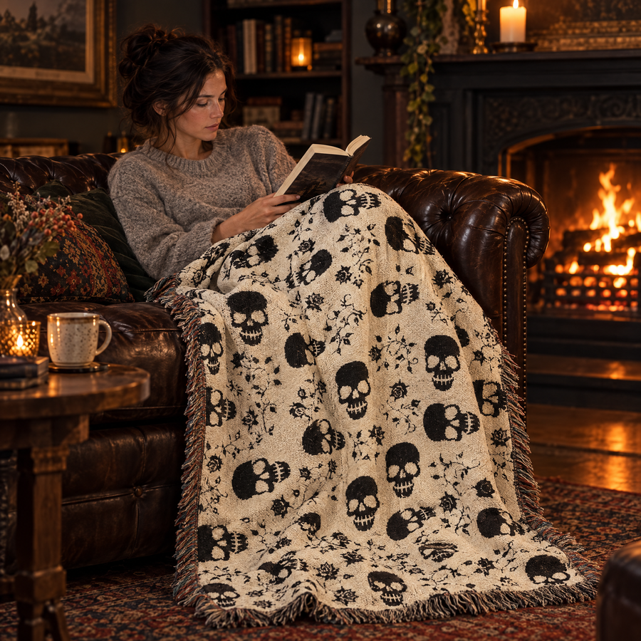 Black Skull & Roses Woven Blanket
