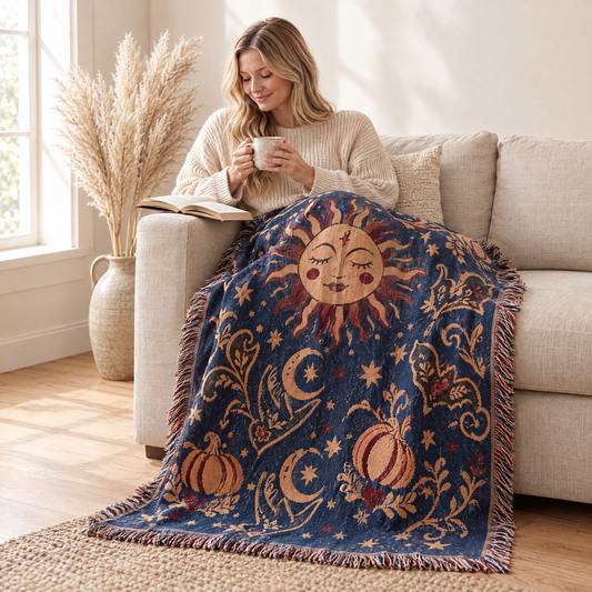 Cosmic Overcommitment Whimsigoth Celestial Woven Blanket over a linen sofa while a woman sips tea with a book
