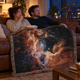 NASA JWST Tarantula Nebula Woven Blanket over a couple's laps on a leather sofa while they watch a film