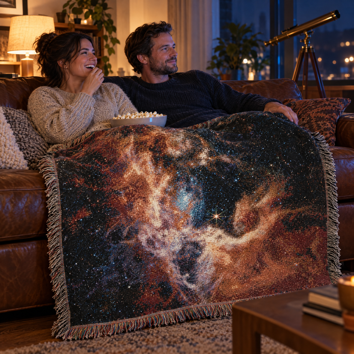 NASA JWST Tarantula Nebula Woven Blanket over a couple's laps on a leather sofa while they watch a film