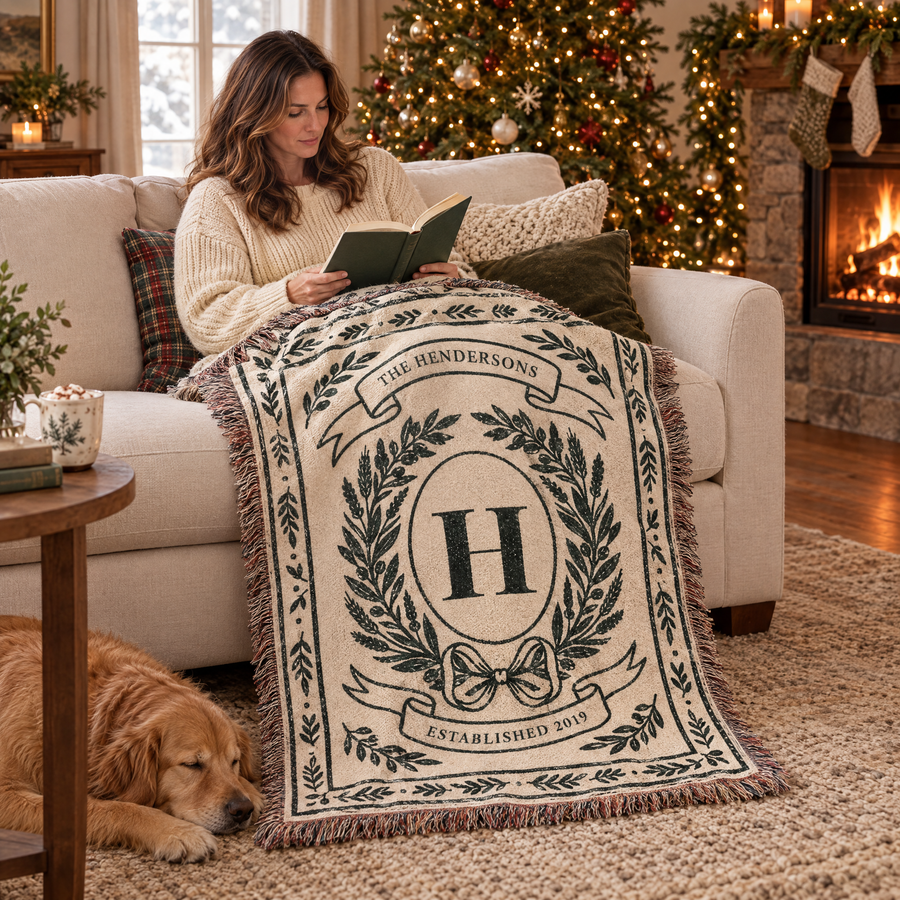 Personalized Family Name Woven Blanket with monogram crest over a sofa while a woman reads by the Christmas tree