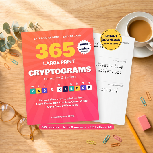 365 Large Print Cryptograms for Seniors printable puzzle book cover on a wooden desk with coffee and glasses