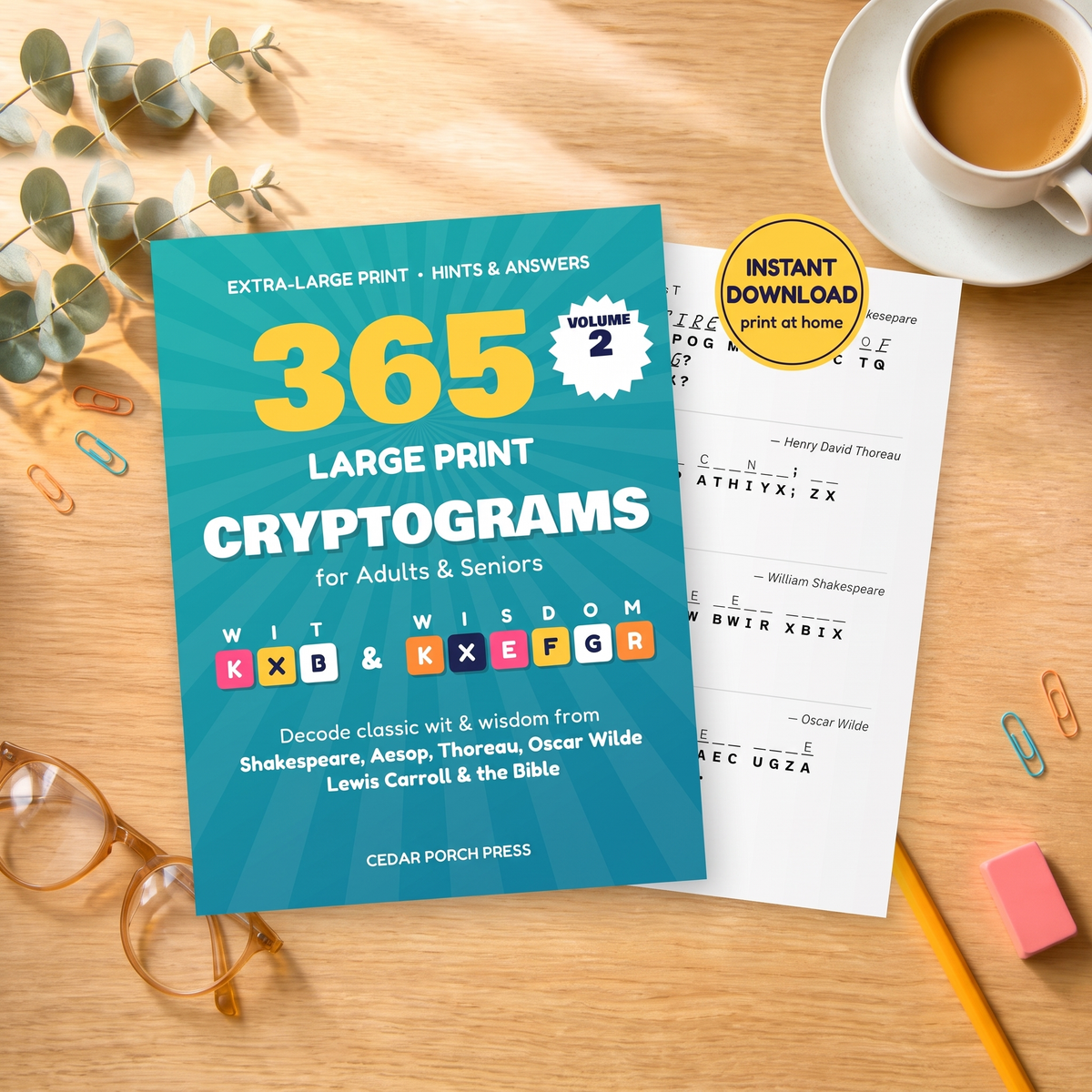 365 Large Print Cryptograms Volume 2 for Seniors printable puzzle book cover on a wooden desk with coffee and glasses