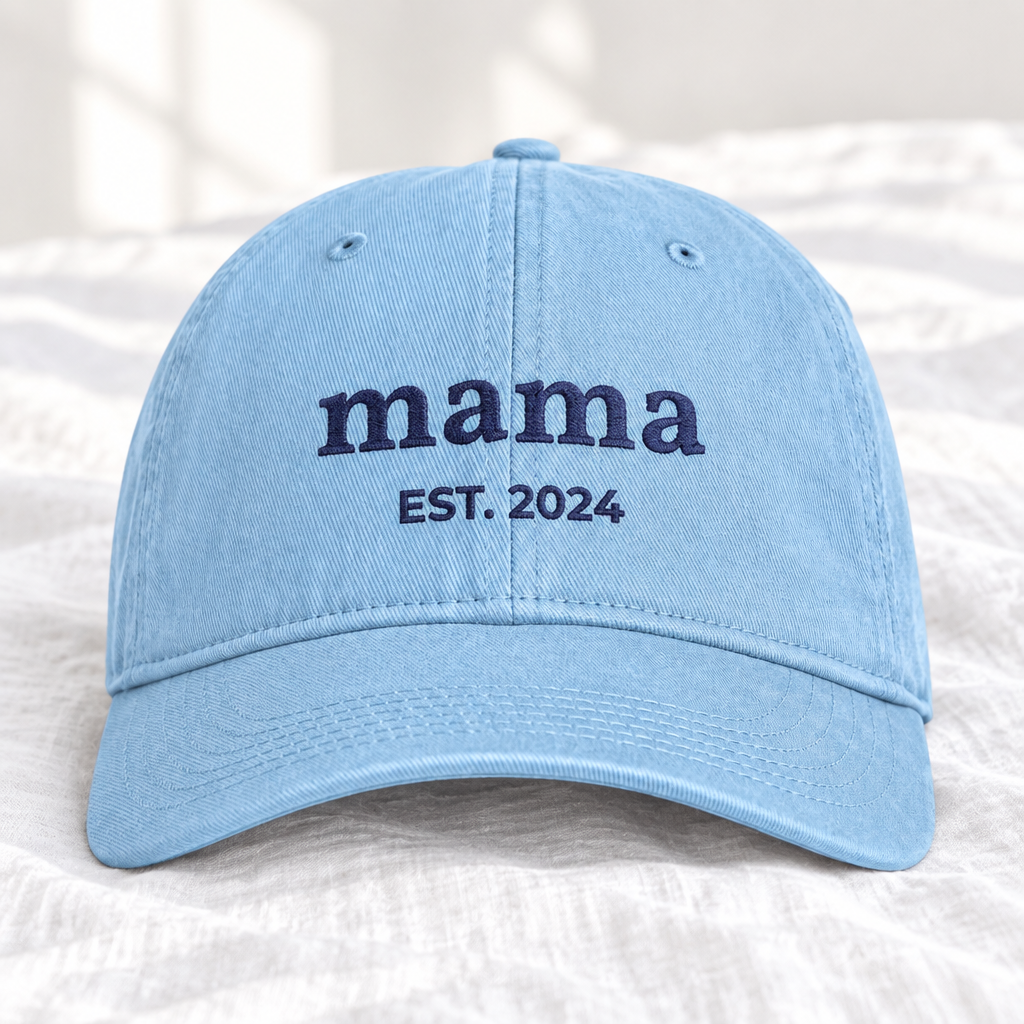Personalized embroidered hat in hydrangea blue