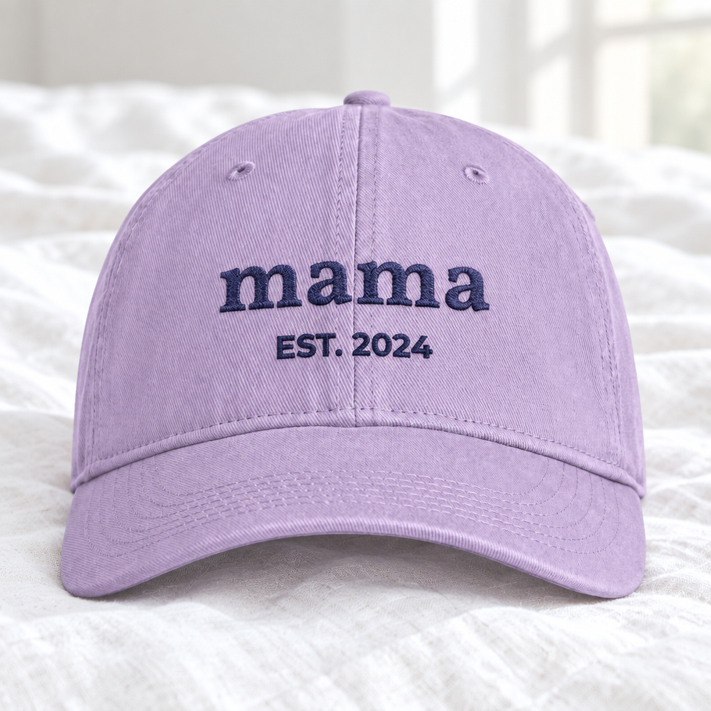 Mama hat in orchid lavender with navy embroidery