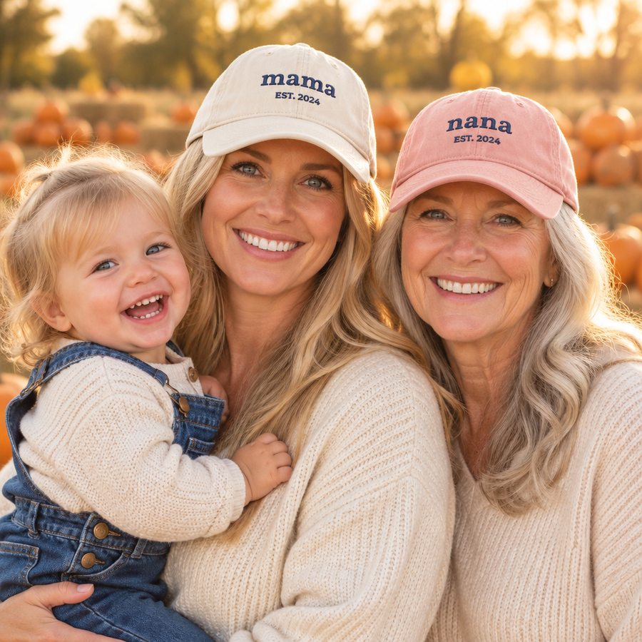 Mom and grandma in matching personalized mama and nana caps