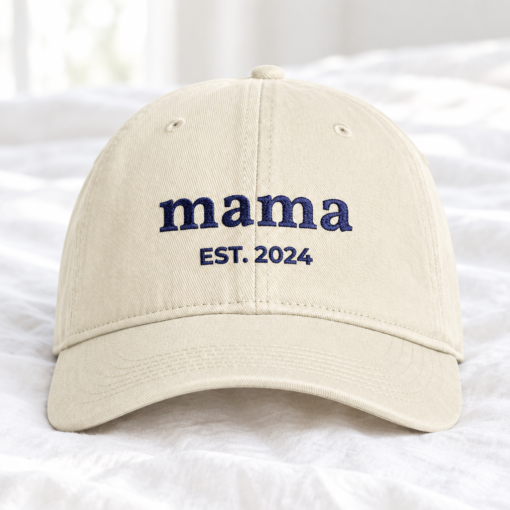 Custom embroidered mama hat in ivory washed cotton