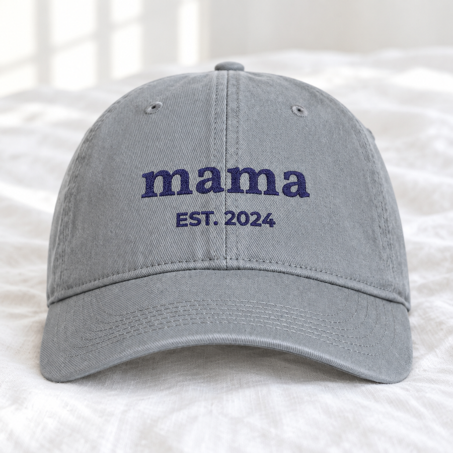 Custom embroidered dad hat in granite grey