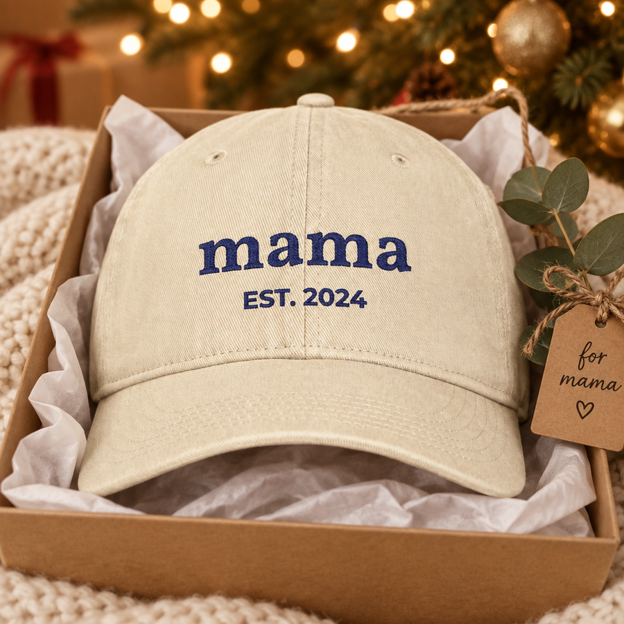 Embroidered mama hat in a gift box, Christmas gift for mom