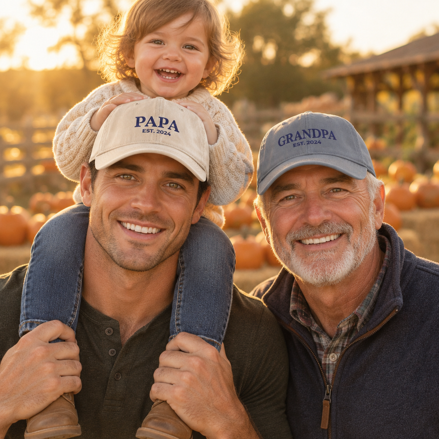 Family with dad wearing a personalized Papa hat