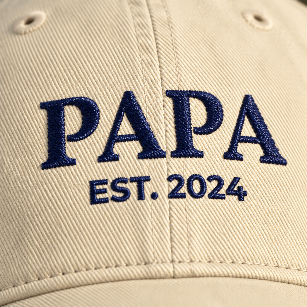 Close up of navy thread embroidery on the Papa hat