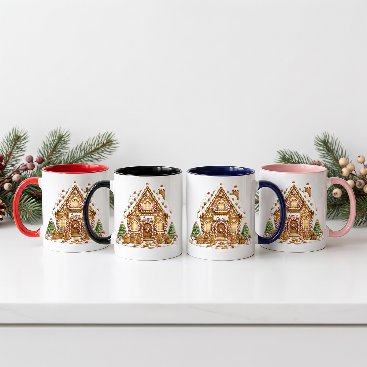 Gingerbread family name mug in red, black, navy and pink accent colors