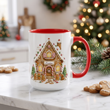 Personalized gingerbread house mug with red handle and family last name on the icing sign