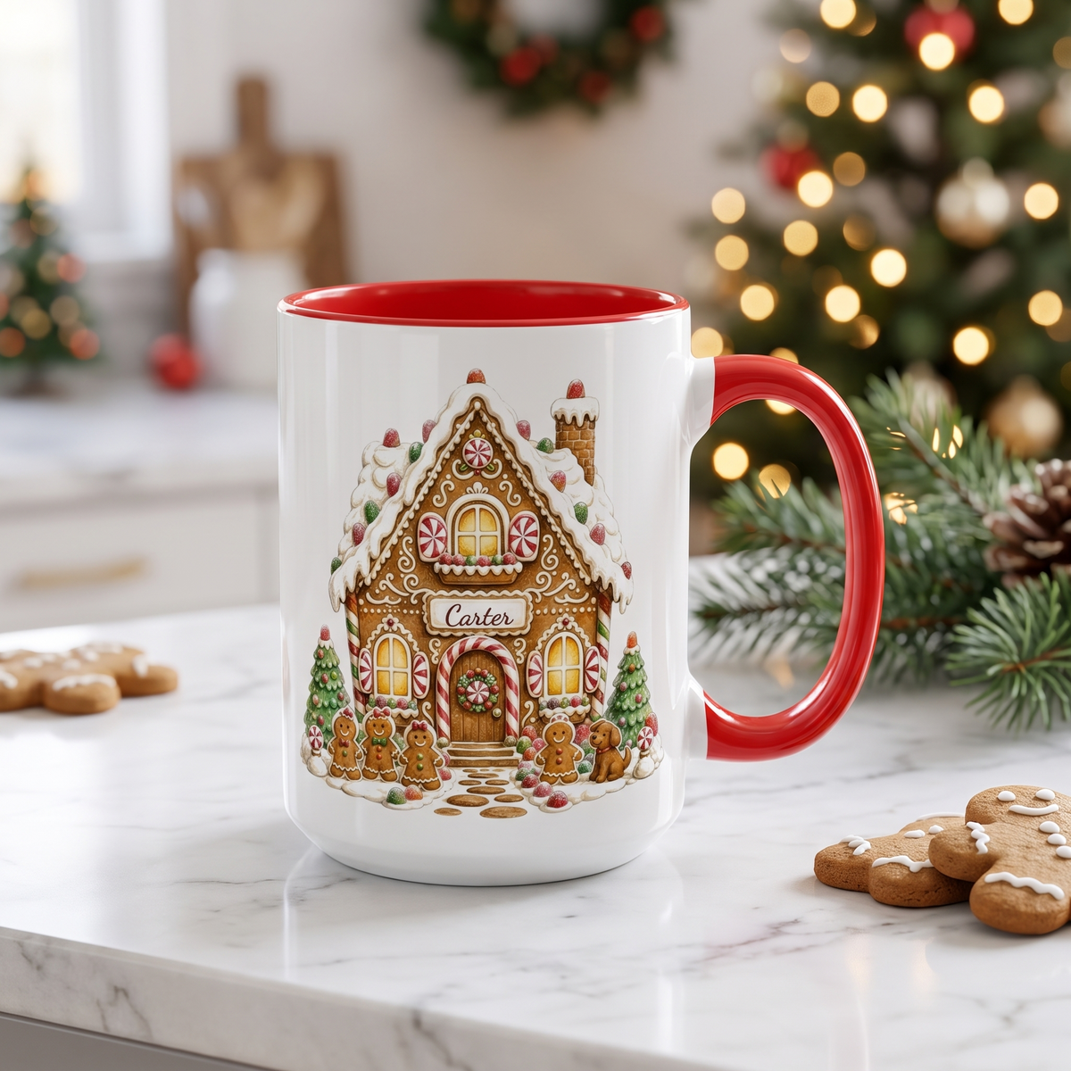 Personalized gingerbread house mug with red handle and family last name on the icing sign