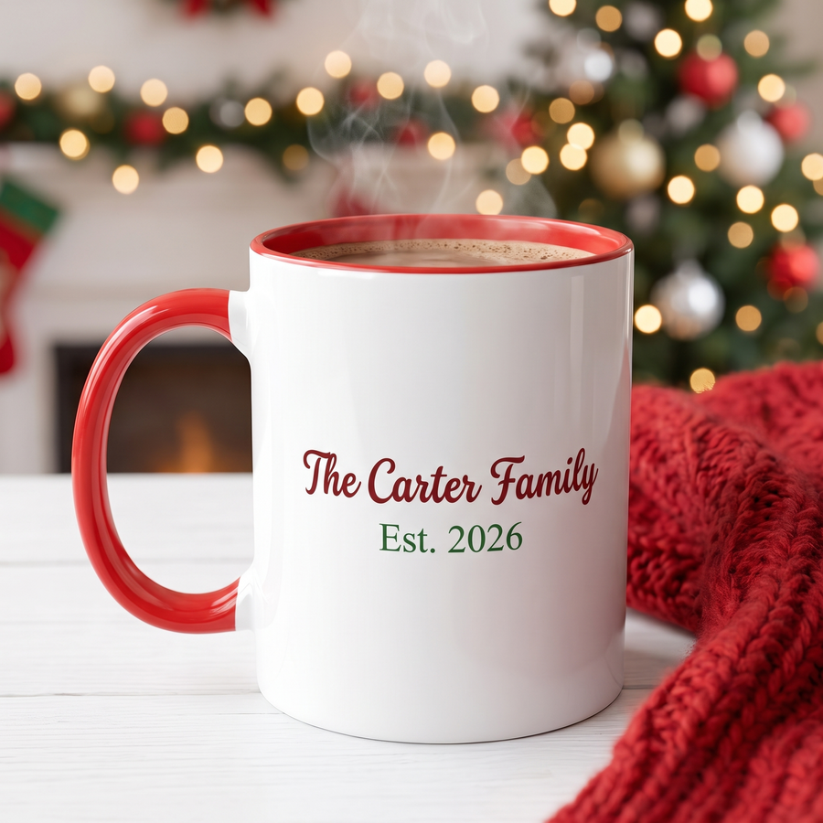 Back of the gingerbread family mug reading The Carter Family Est. 2026