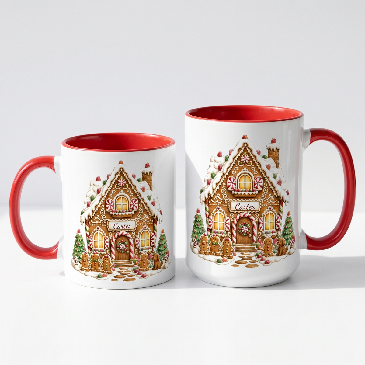 11oz and 15oz personalized gingerbread house mugs side by side