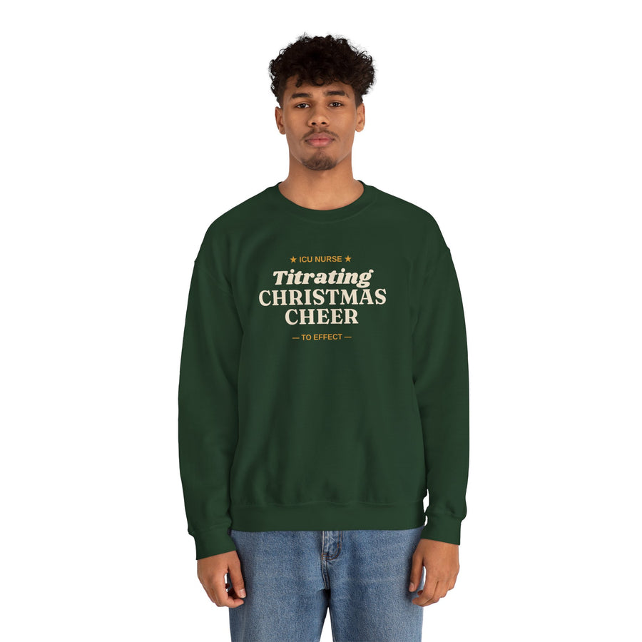 Model wearing the Forest Green Titrating Christmas Cheer sweatshirt