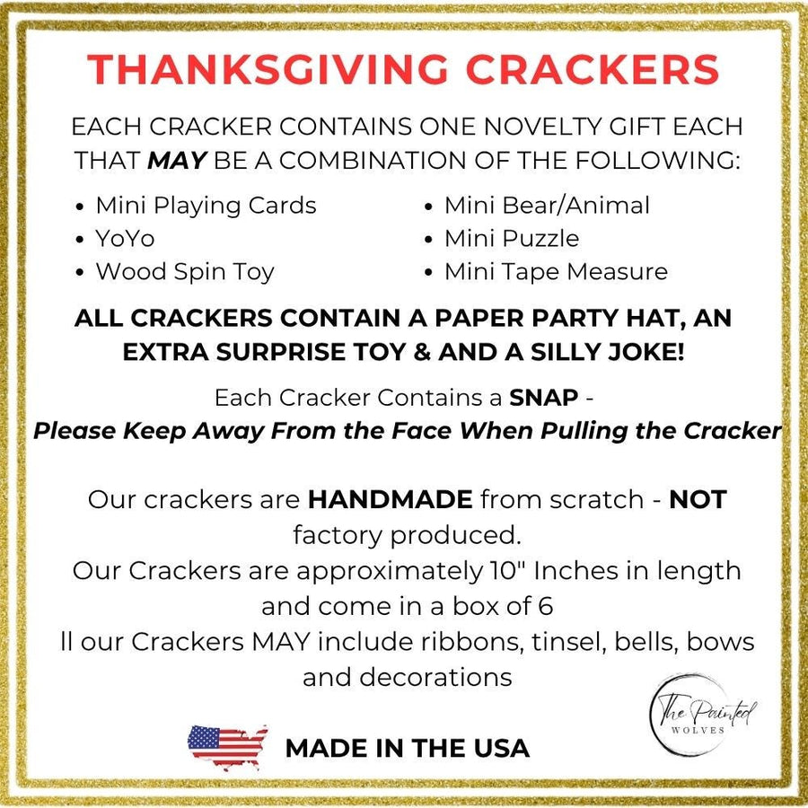 Information card listing what is inside each cracker, a novelty gift, a paper hat, a joke and a snap