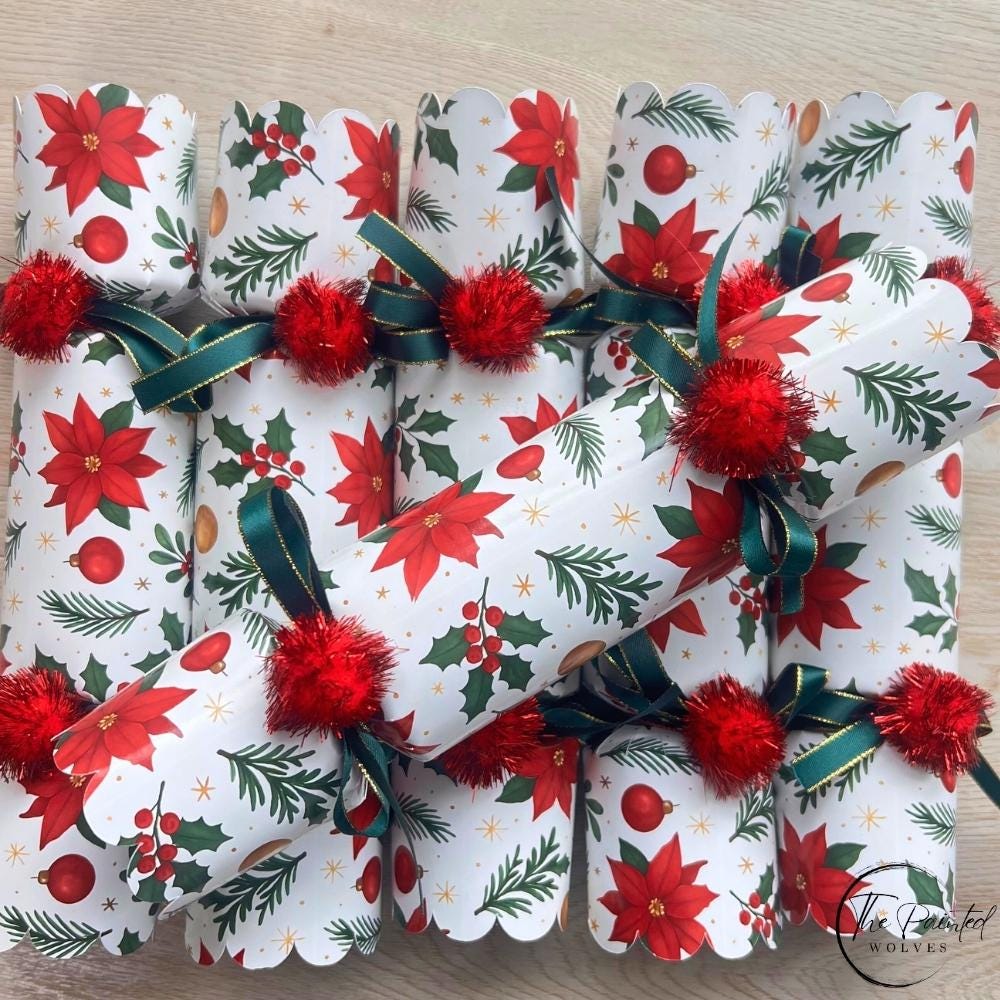 Red Christmas Flower crackers arranged on the diagonal showing the poinsettia print