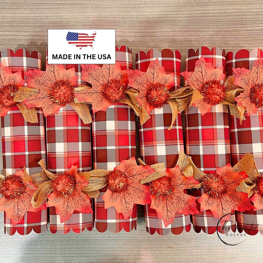 Set of six fall plaid crackers laid in a row for a Thanksgiving table