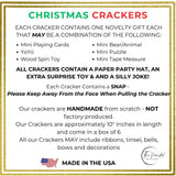 Information card listing what is inside each cracker, a novelty gift, a paper hat, a joke and a snap