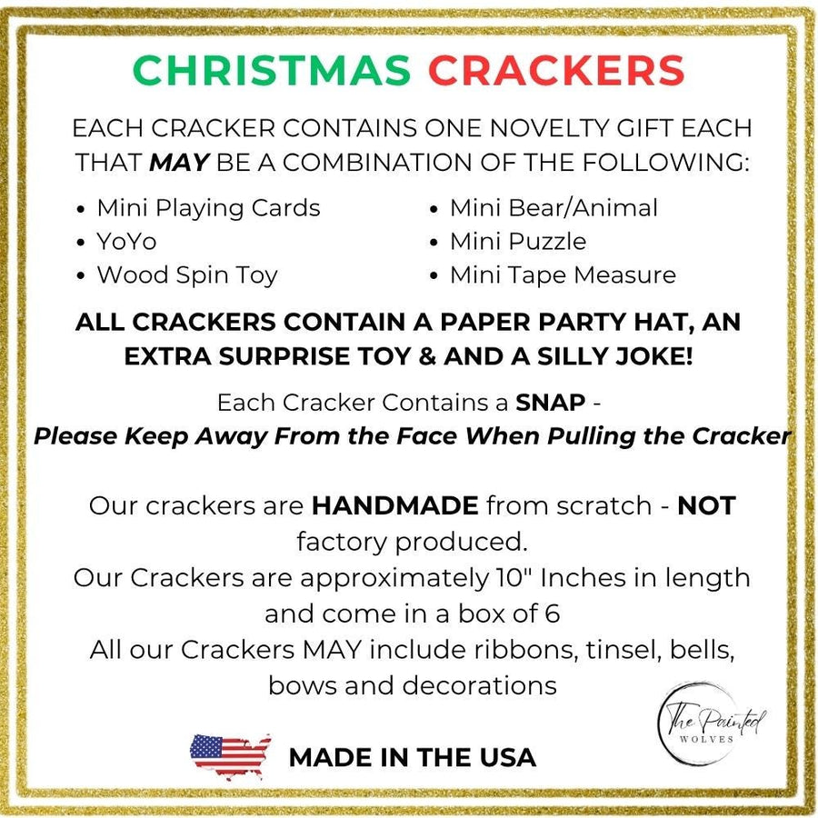 Information card listing what is inside each cracker, a novelty gift, a paper hat, a joke and a snap