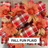 The Fall Fun Plaid design named on the photo, red white and brown plaid crackers with orange pom poms