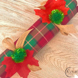 Single Christmas Plaid cracker in red and green tartan with a burlap ribbon at each end