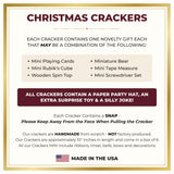 Card showing what is inside each red poinsettia Christmas cracker: a novelty gift, a paper hat, an extra toy, a joke and a snap