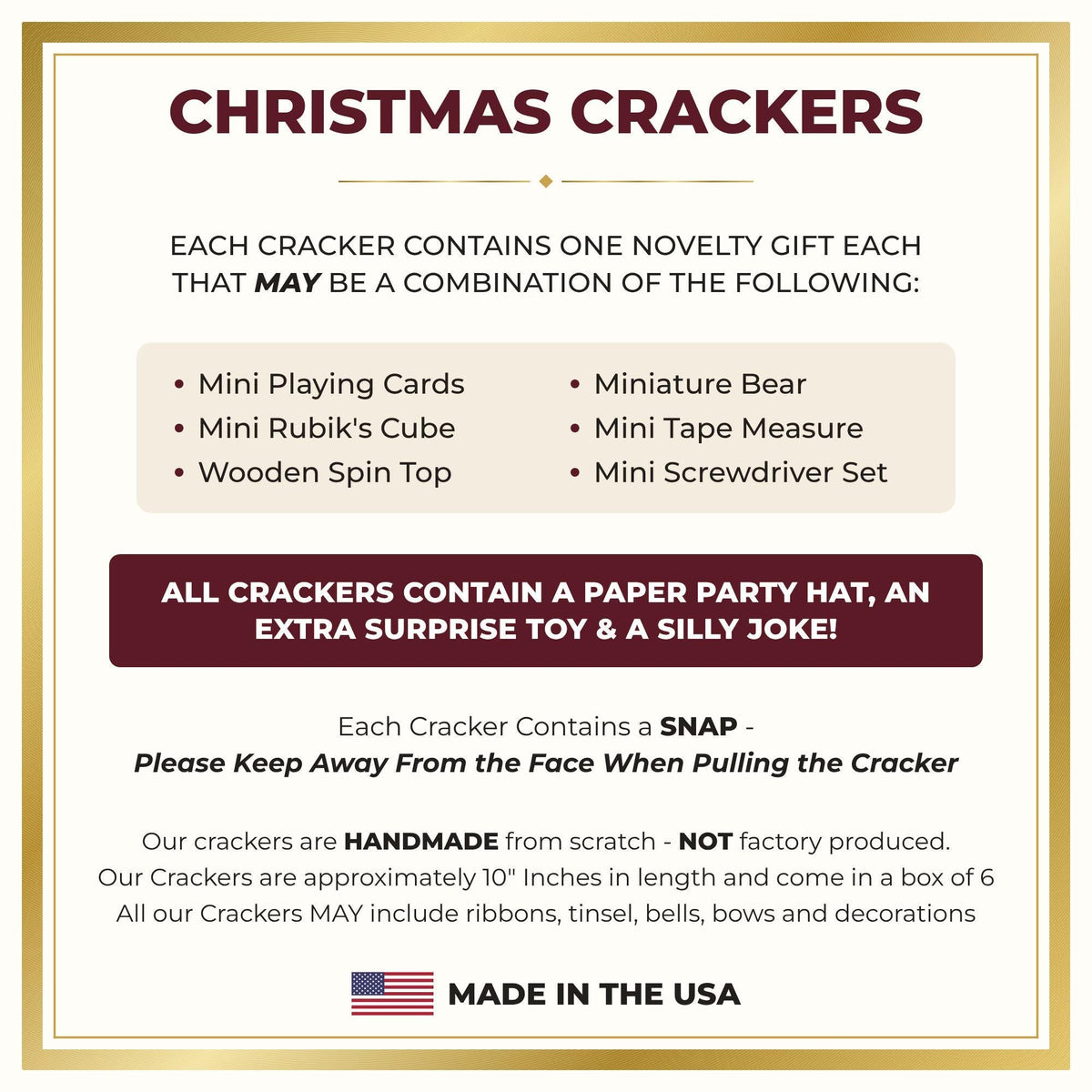 Card showing what is inside each red poinsettia Christmas cracker: a novelty gift, a paper hat, an extra toy, a joke and a snap