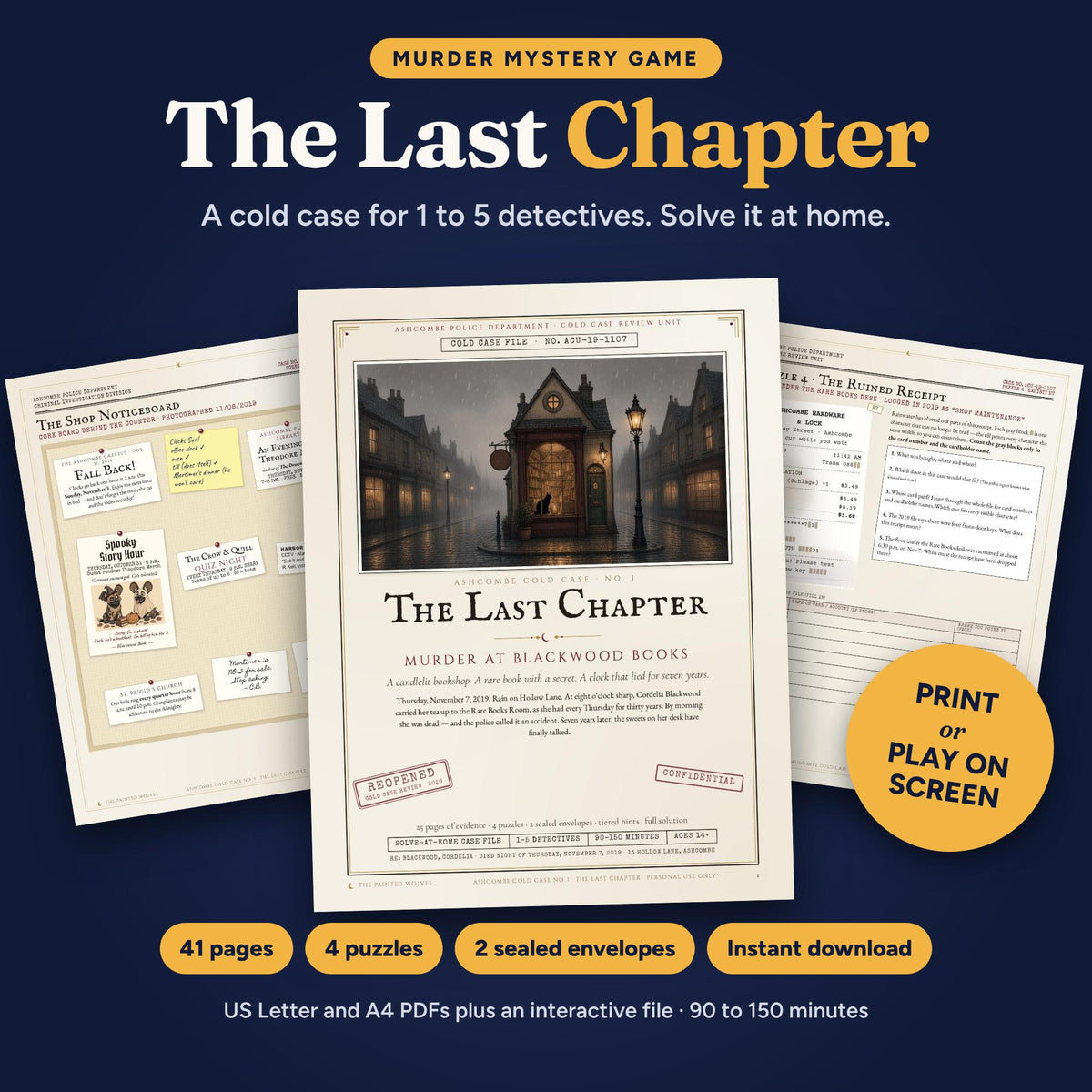 Printable and interactive murder mystery game The Last Chapter, a cold case for 1 to 5 detectives, cover and evidence pages