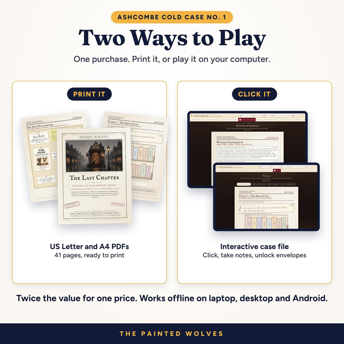 Two ways to play The Last Chapter murder mystery: print the PDF or play the interactive file on your computer