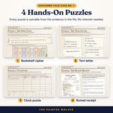 Four puzzle pages from The Last Chapter murder mystery: bookshelf cipher, torn letter, clock worksheet and ruined receipt