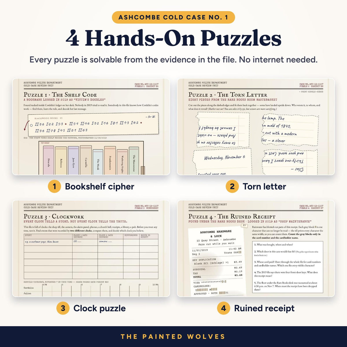 Four puzzle pages from The Last Chapter murder mystery: bookshelf cipher, torn letter, clock worksheet and ruined receipt