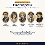 Five illustrated suspect portraits from The Last Chapter cold case murder mystery game for adults