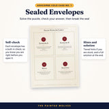 Sealed envelope labels for the murder mystery game with Envelope A, Envelope B, Hints and Solution seals
