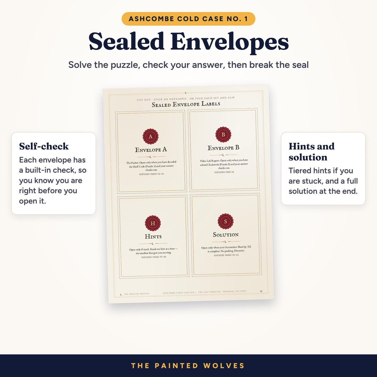 Sealed envelope labels for the murder mystery game with Envelope A, Envelope B, Hints and Solution seals