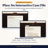 Interactive offline HTML case file for The Last Chapter murder mystery shown on laptop screens