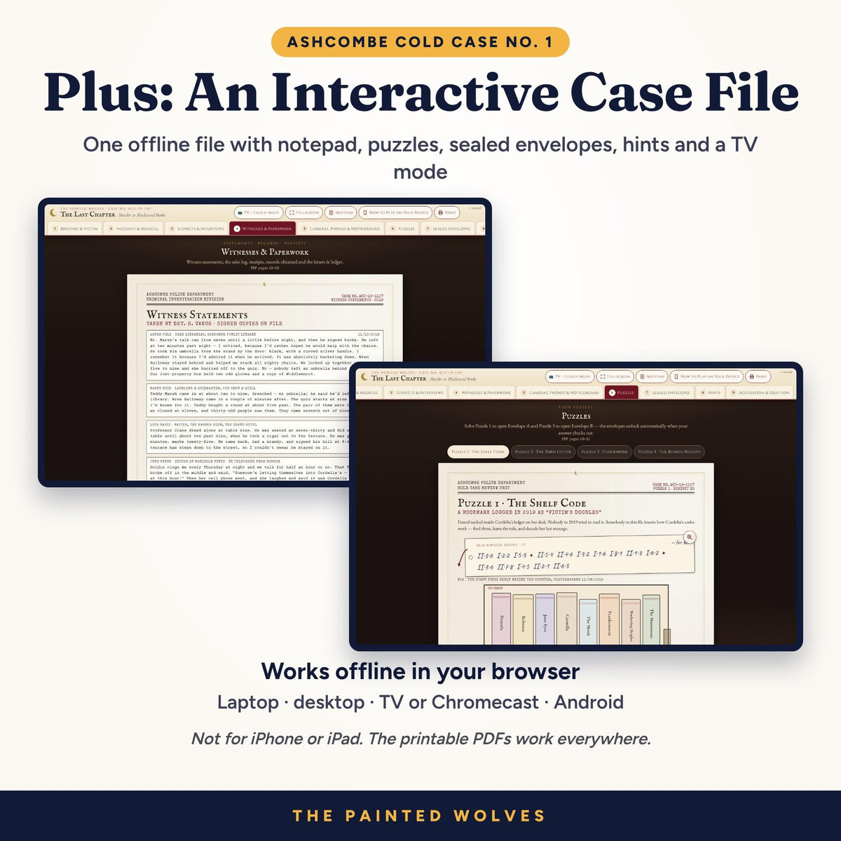 Interactive offline HTML case file for The Last Chapter murder mystery shown on laptop screens