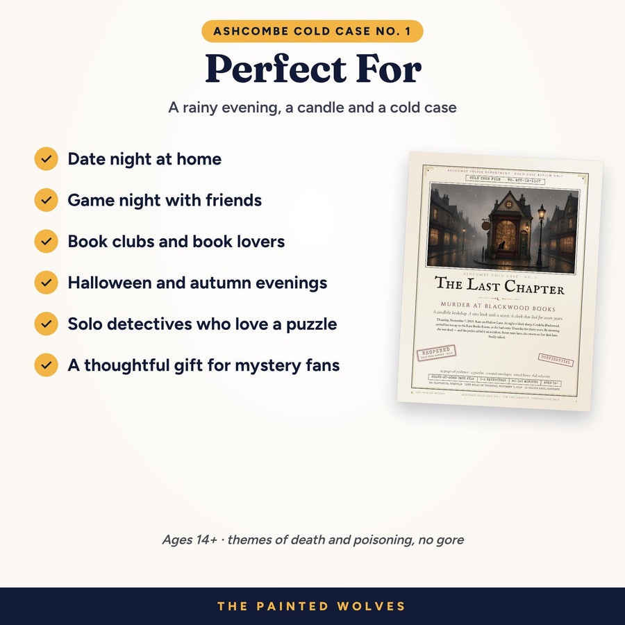 The Last Chapter murder mystery game is perfect for date night, game night, book clubs and Halloween