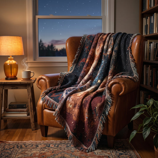 James Webb Tarantula Nebula woven blanket draped over a cognac leather armchair in a cozy reading nook at dusk