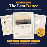 The Last Dance Valentine's murder mystery game, a printable cold case for 1 to 5 detectives