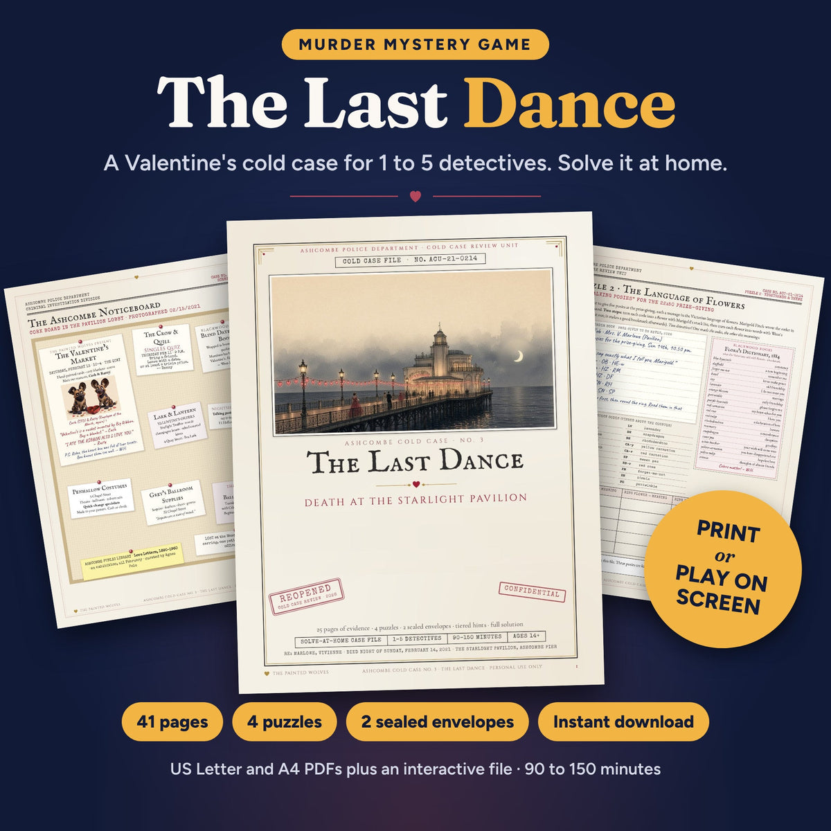 The Last Dance Valentine's murder mystery game, a printable cold case for 1 to 5 detectives