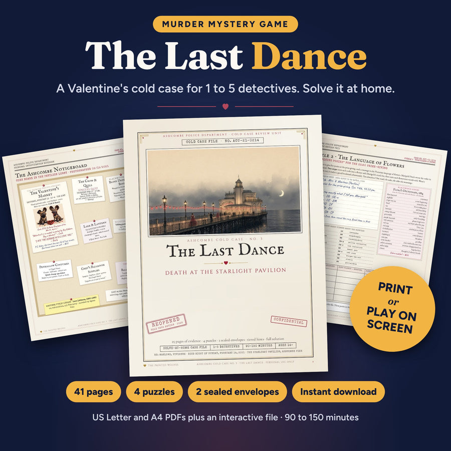 The Last Dance Valentine's murder mystery game, a printable cold case for 1 to 5 detectives