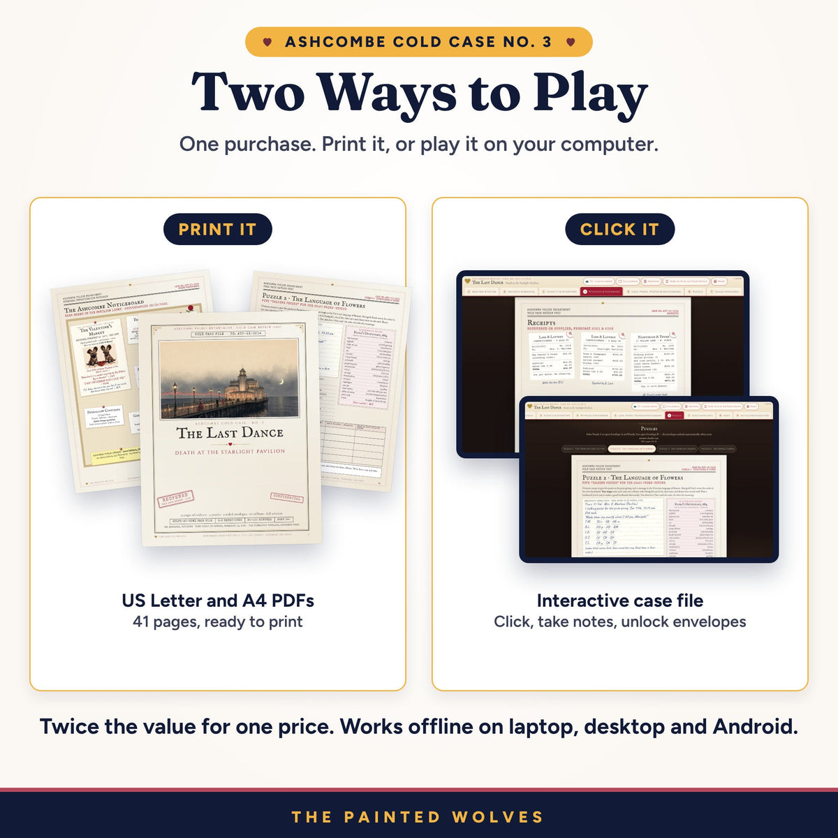 The Last Dance murder mystery: print the US Letter or A4 PDFs, or play the interactive case file on screen