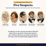 Five illustrated suspects in The Last Dance Valentine's murder mystery, a masquerade cold case
