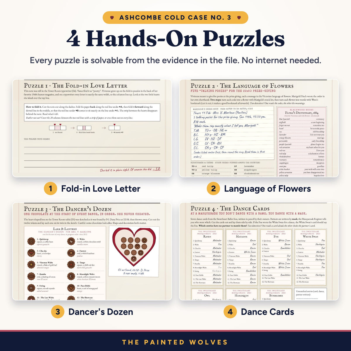Four puzzles in The Last Dance murder mystery: love letter, language of flowers, chocolates and dance cards