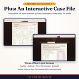 Interactive offline case file for The Last Dance murder mystery on a laptop, with notepad and puzzles
