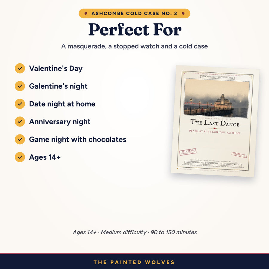 The Last Dance murder mystery for Valentine's Day, Galentine's night, date night and game night, ages 14+