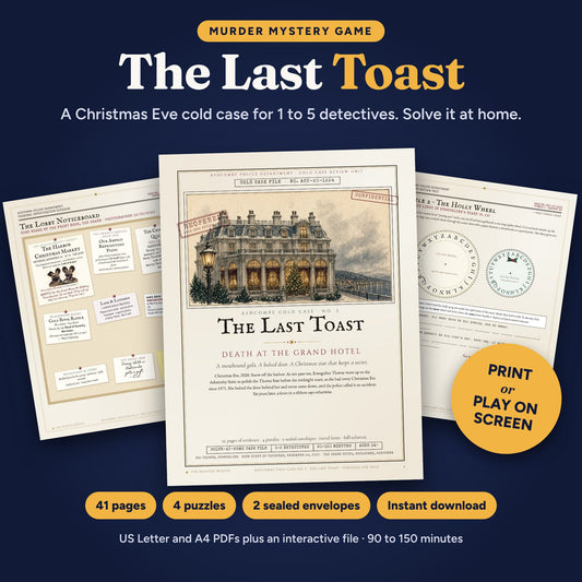 Printable and interactive Christmas murder mystery game The Last Toast, a cold case for 1 to 5 detectives, cover and clues